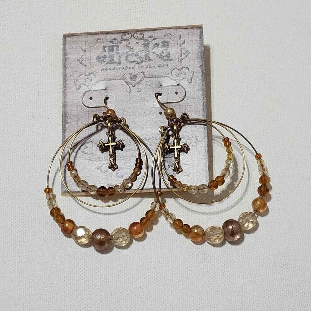 Treska Handcrafted USA Triple Cross Earrings‎ Amber Bronze Beads Boho Dangle